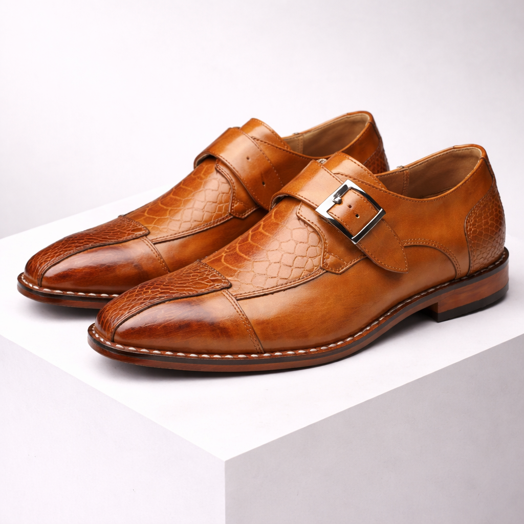 Castellano Croc-Embossed Leather Orthopedic Monk Strap Shoes