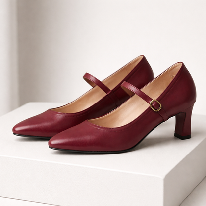 Celestina Italian Leather Block Heel Pumps with Buckle