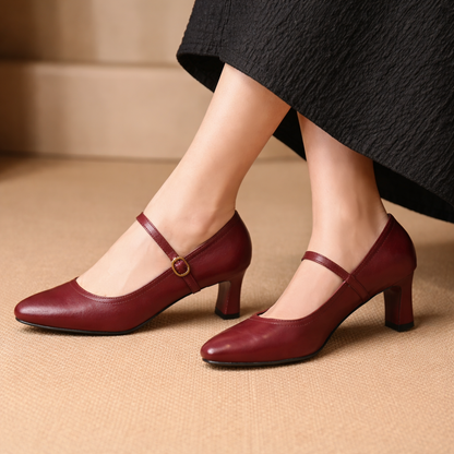 Leather Block Heel Pumps with Buckle
