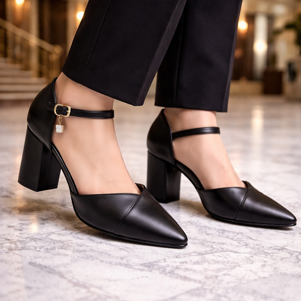 Pointed-Toe Leather Block Heel Pumps