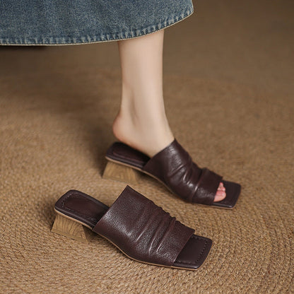 Genuine Leather Block Heel Slip-On Sandals
