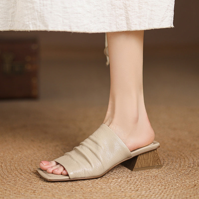 Genuine Leather Block Heel Slip-On Sandals