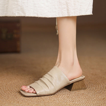 Genuine Leather Block Heel Slip-On Sandals