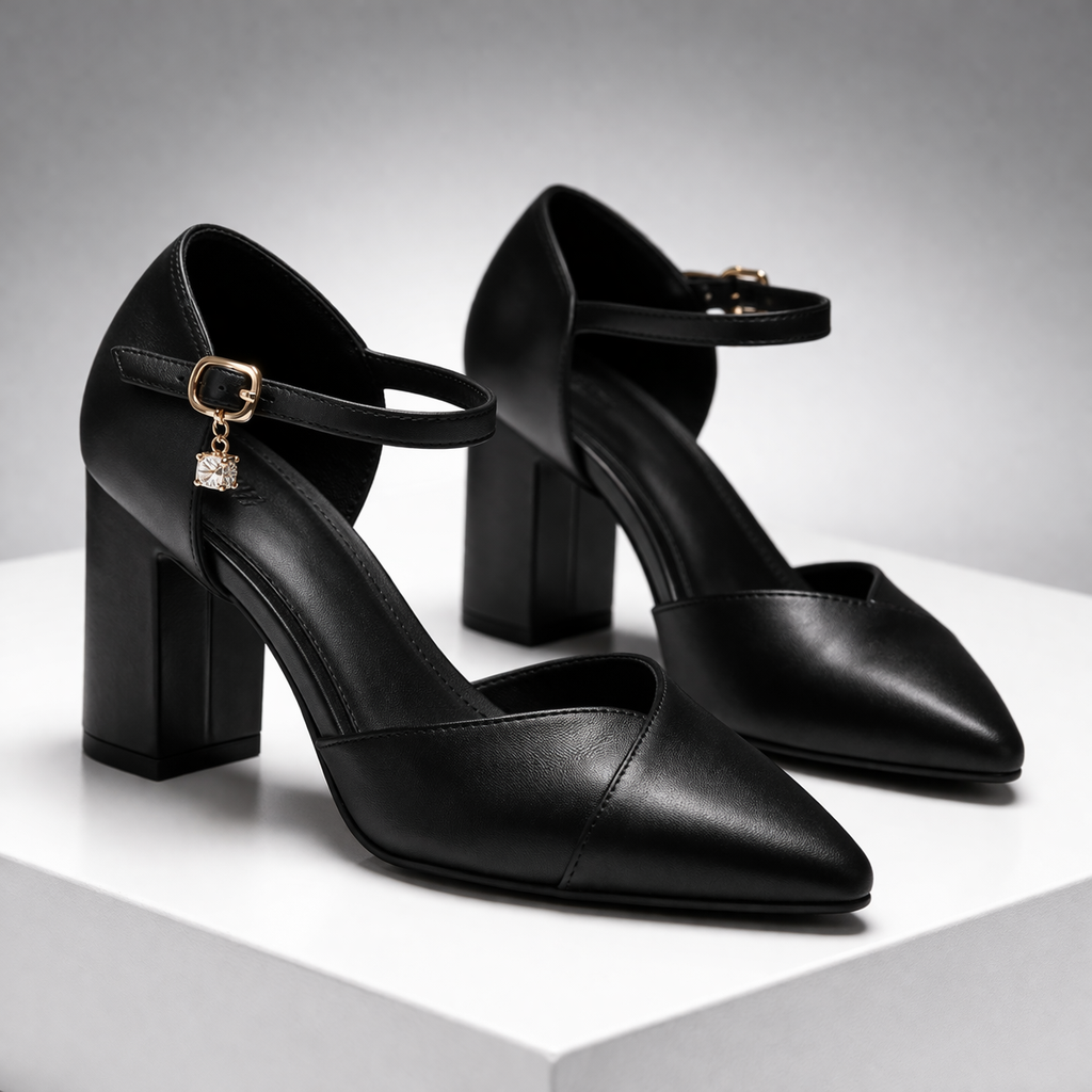 Pointed-Toe Leather Block Heel Pumps