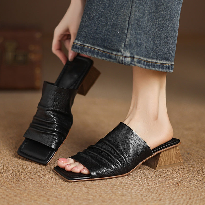 Leather Block Heel Slip-On Sandals