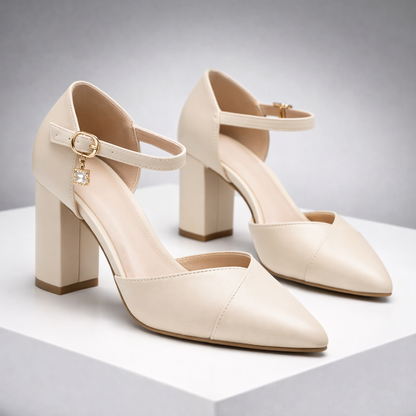 Pointed-Toe Leather Block Heel Pumps